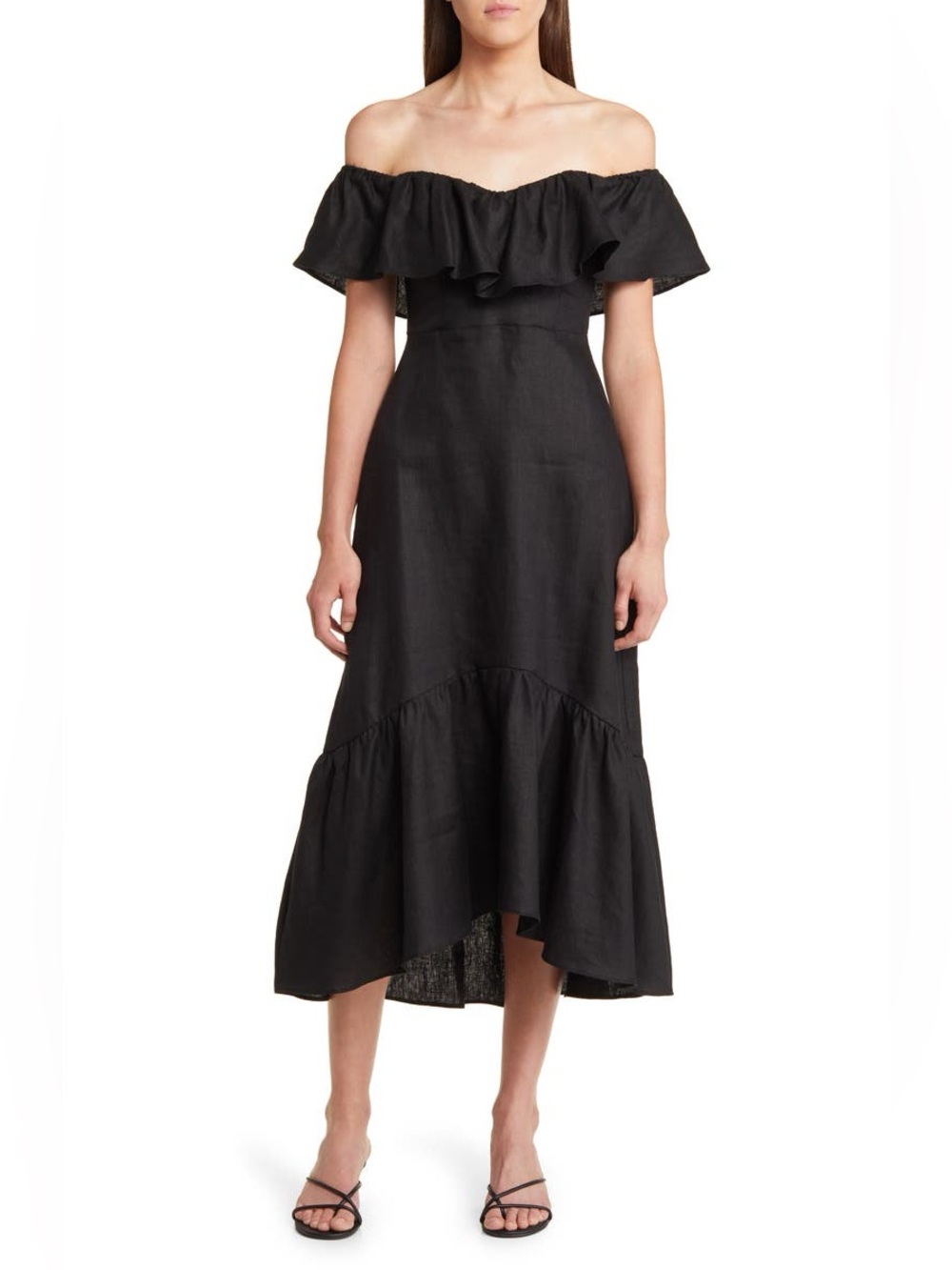 NWT Reformation Baela Ruffle Tiered Off the Shoulder Linen Midi Dress size 2